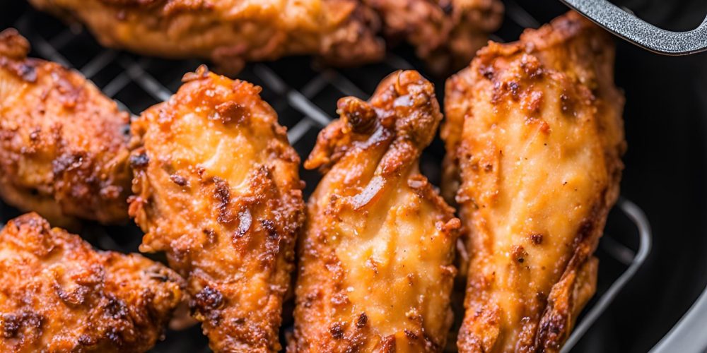 Air Fryer Crispy Chicken Wings with an air fryer in the background