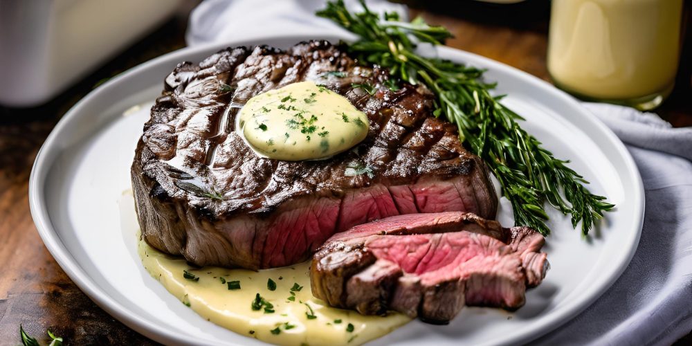 Sous Vide Ribeye Steak with Garlic Herb Butter with a sousvide machine in the background