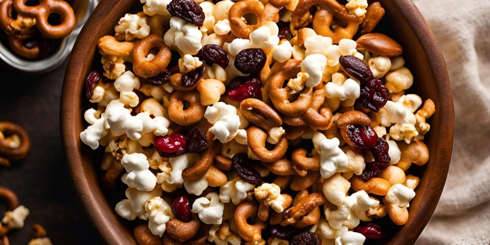 snack mix with popcorn, pretzel sticks, cashews, dried cranberries, chocolate chips, and smoked paprika