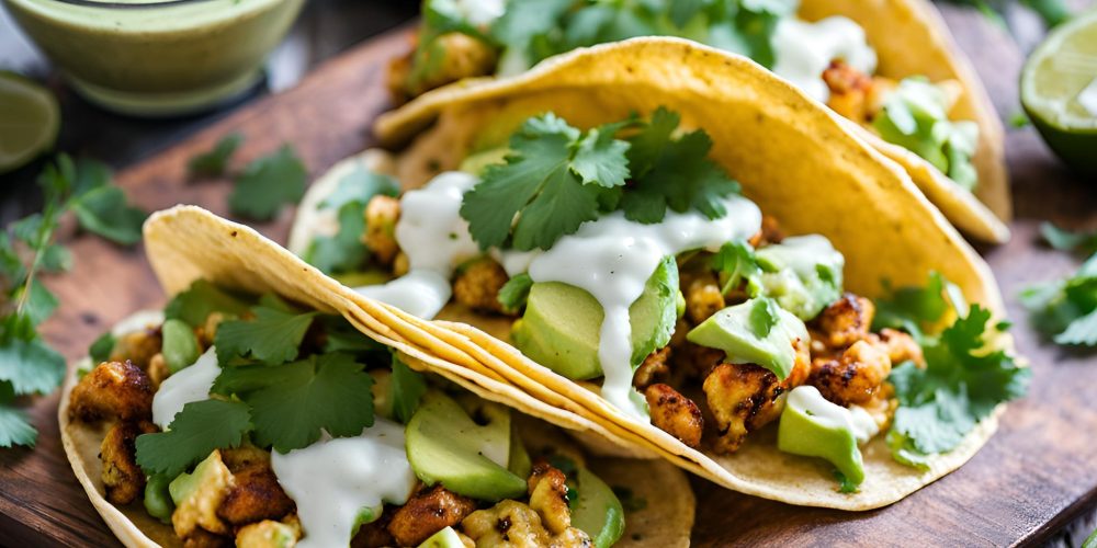 spicy cauliflower street tacos with avocado crema